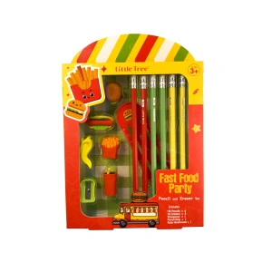Fast Food Party Theme Stationery kit (13 in 1) 6 Pencils, 4 Erasers, 1 Sharpener, 1 Pencil Gripper, and 1 Scale for Kids